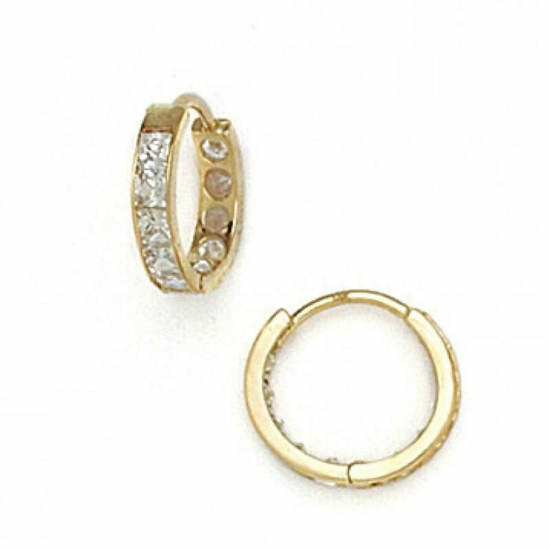 14K Solid Yellow Gold White Sapphire Huggie Earrings