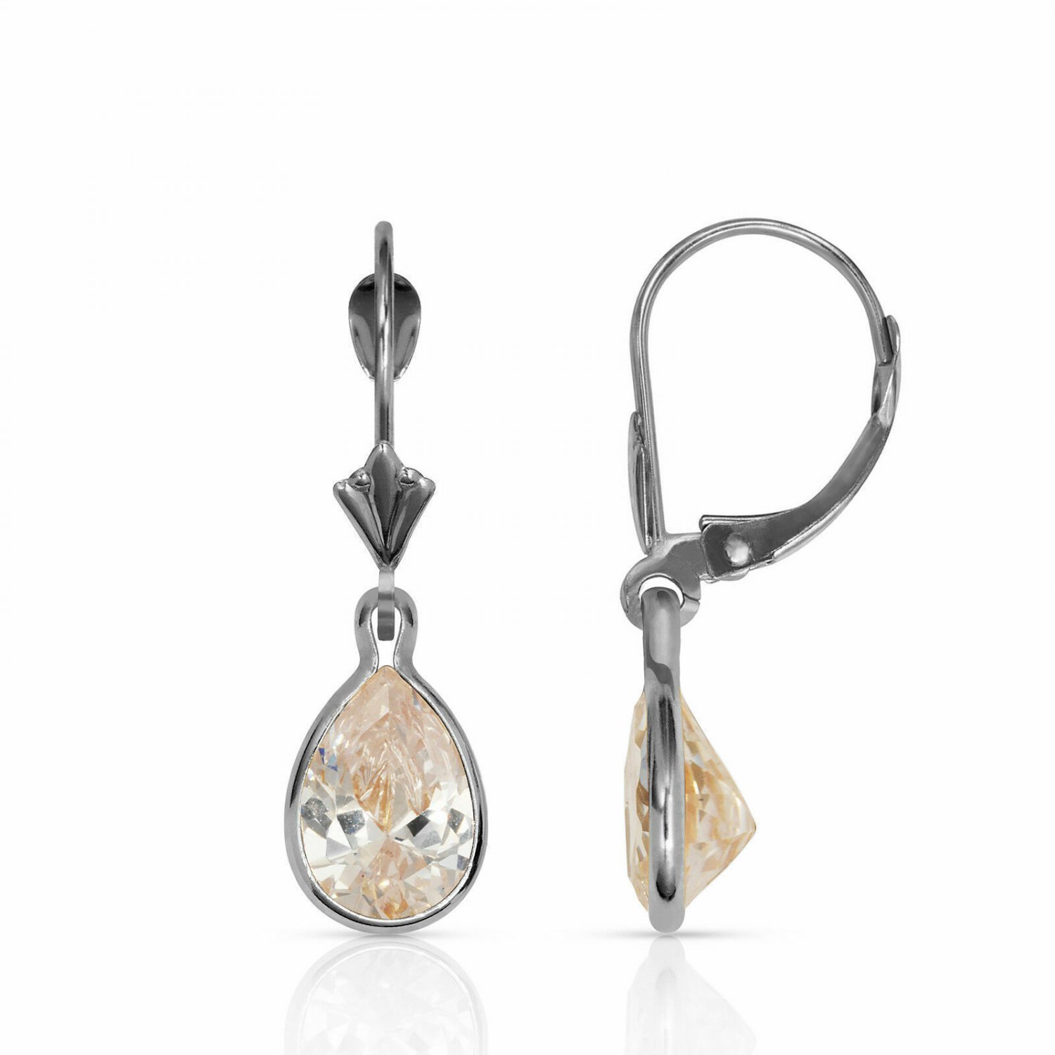14K White Gold 2 CT Bezel Set Pear Shaped Sapphire Lever Back Dangle Earrings