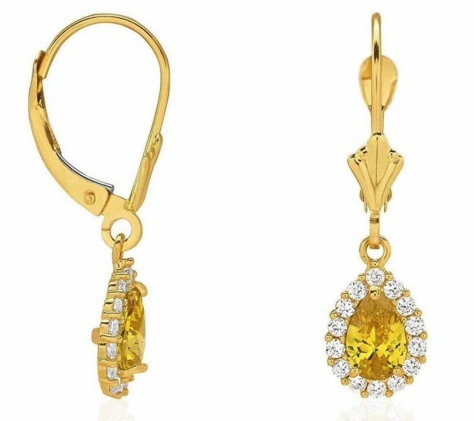 14K Solid Yellow Gold Tear Drop Dangle Diamond And Citrine Lever Back Earrings