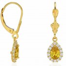 14K Solid Yellow Gold Tear Drop Dangle Diamond And Citrine Lever Back Earrings