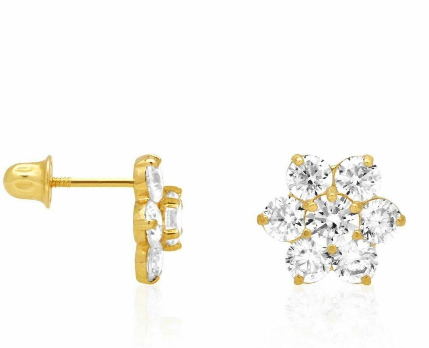 14K Solid Yellow Gold 2.00 CTW White Topaz Flower Screw Back Stud Earrings