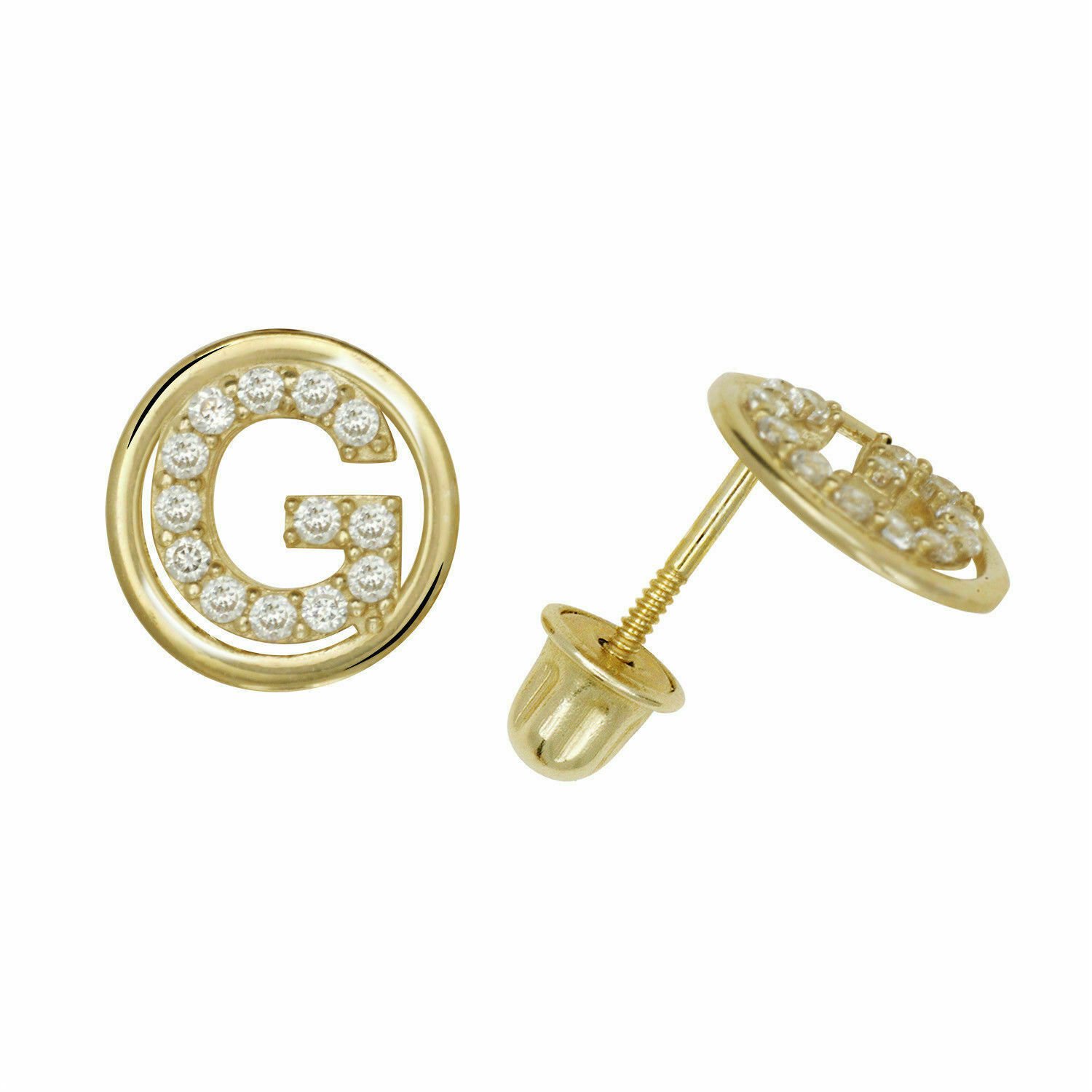 14K Yellow Gold Letter "G" Initial Round Child Screw Back Stud Earrings