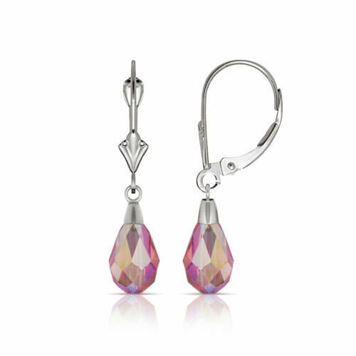 14K White Gold Tear Drop Shaped Pink Tourmaline Dangle Lever Back Earrings