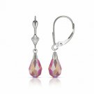 14K White Gold Tear Drop Shaped Pink Tourmaline Dangle Lever Back Earrings