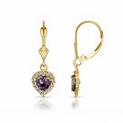 14K Yellow Gold White Sapphire Halo & Amethyst Heart Dangle Lever Back Earrings