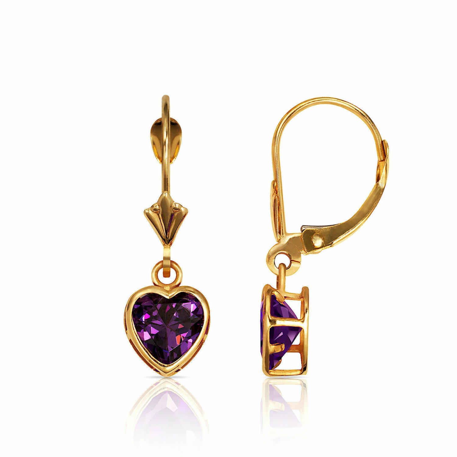 14K  Yellow Gold Bezel Set Amethyst 6mm Heart Lever Back Dangle Earrings