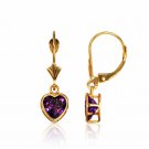 14K  Yellow Gold Bezel Set Amethyst 6mm Heart Lever Back Dangle Earrings