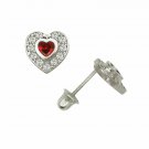 14K White Gold Garnet Sapphire Halo CZ Heart Shape Screw Back Stud Earrings