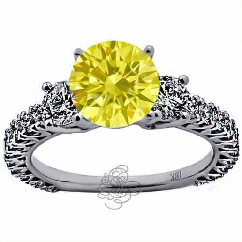 18K Solid White Gold Women's 3.31CT Round Fancy Yellow Diamond Engagement Ring