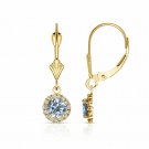 14K Yellow Gold 1.25 CTW Round Halo Aquamarine Drop Dangle Lever Back Earrings