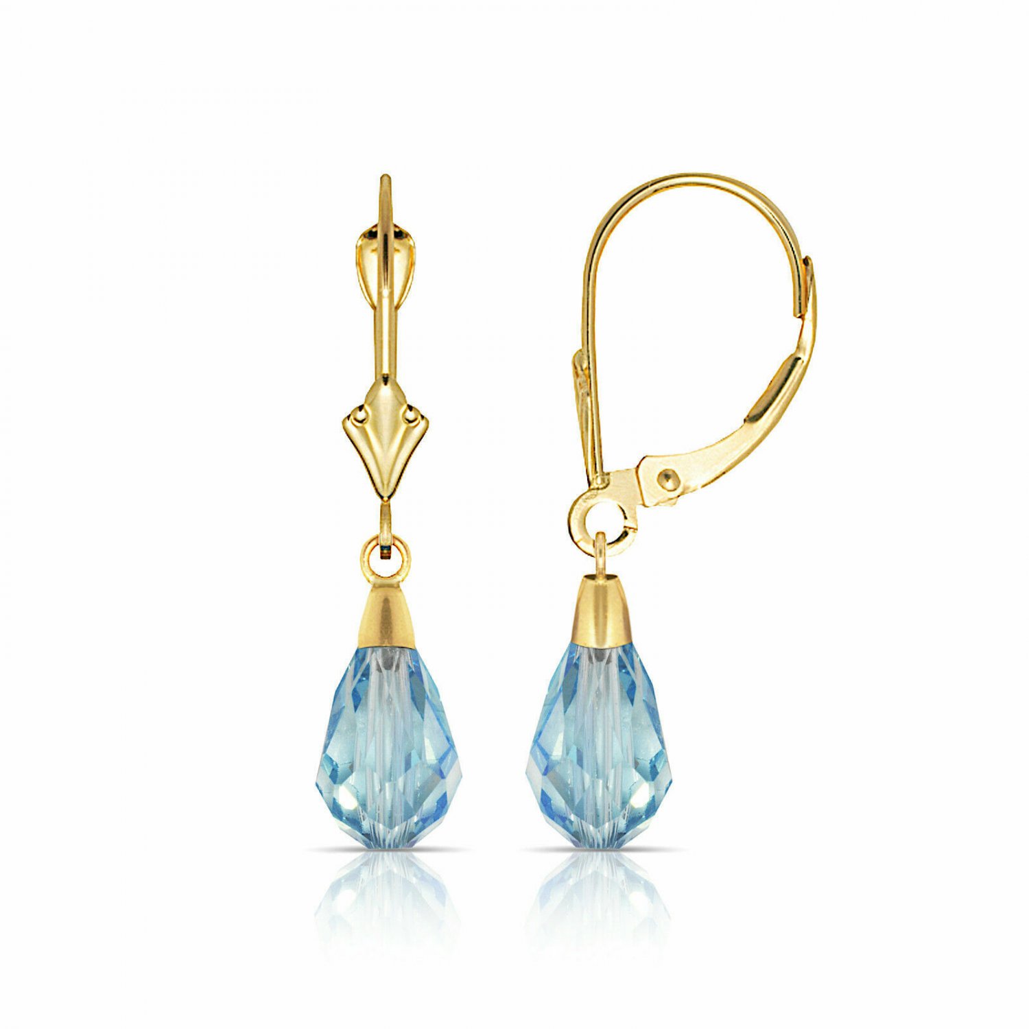 14K Yellow Gold Tear Drop Shaped Aquamarine Dangle Drop Lever Back Earrings