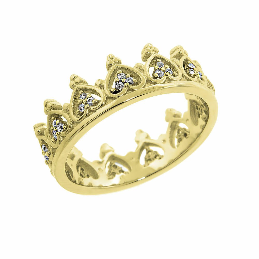 14K YG  925 Silver Lady's White Sapphire Gem Crown Wedding Band Ring SIZE 9