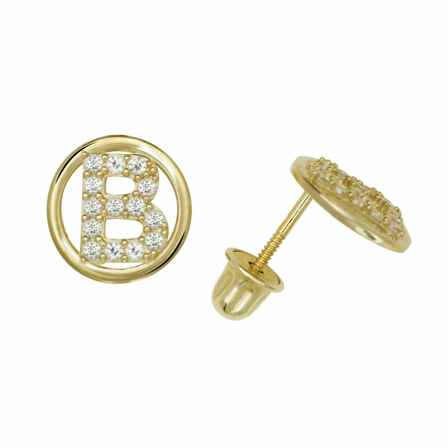 14K Yellow Gold Letter "B" Initial Round Child  Screw Back Stud Earrings
