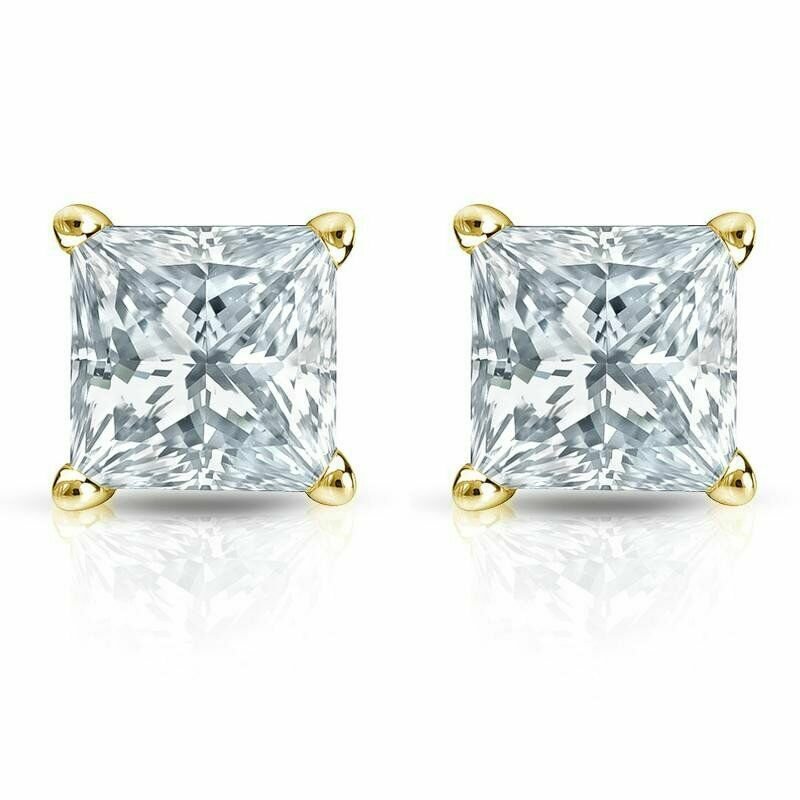 Solid 18K Yellow Gold  3.50CT Brilliant Princess Cut Push Back Stud Earrings