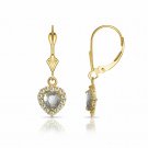 14K Yellow Gold White Sapphire Halo Heart Dangle Lever Back Earrings