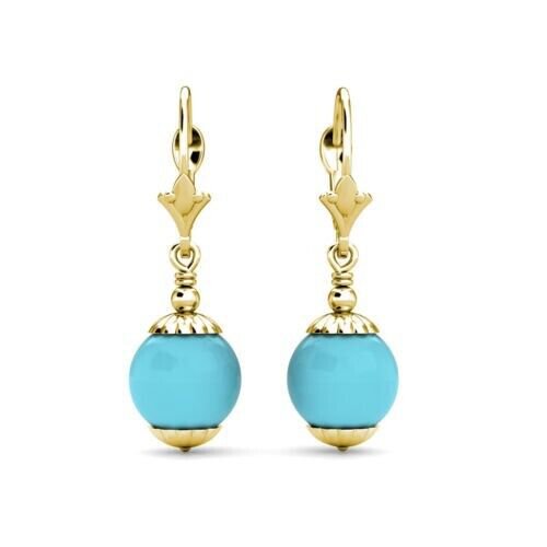 14K Solid Yellow Gold 8 mm Ball Shaped Turquoise Leverback Dangle Drop Earrings