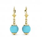 14K Solid Yellow Gold 8 mm Ball Shaped Turquoise Leverback Dangle Drop Earrings