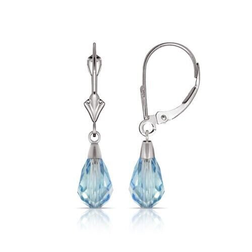 14K Solid White Gold Tear Drop Shaped Aquamarine Dangle Drop Leverback Earrings