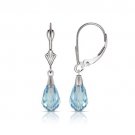 14K Solid White Gold Tear Drop Shaped Aquamarine Dangle Drop Leverback Earrings