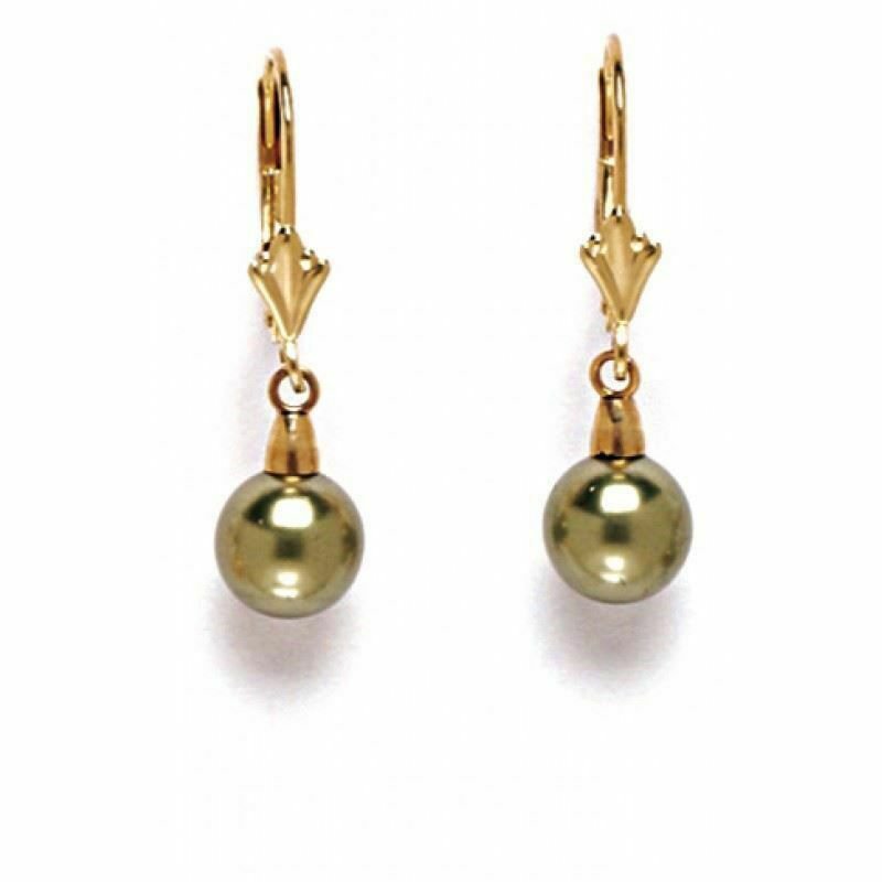 14K Solid Yellow Gold Genuine Green Pearl Dangle Earrings