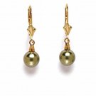 14K Solid Yellow Gold Genuine Green Pearl Dangle Earrings
