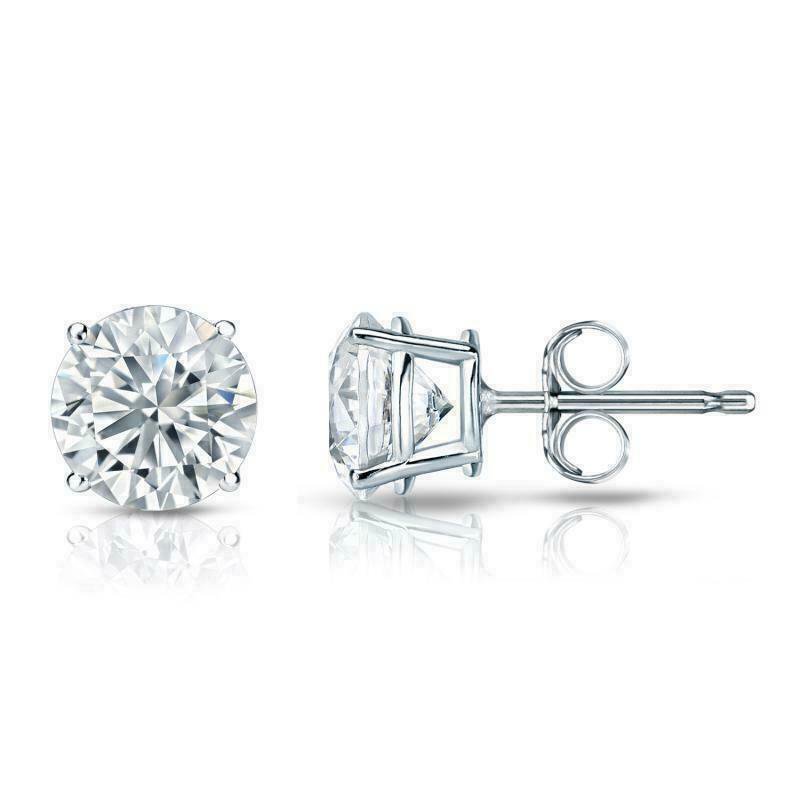 14K SOLID White Gold 2CT Round Cut Stud Lab Diamond  Push Back Stud Earrings