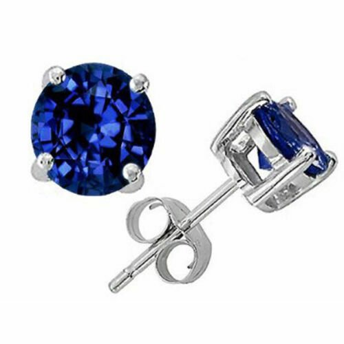 14K SOLID WHITE GOLD 4.00 CT 8MM BLUE SAPPHIRE ROUND SHAPE PUSH STUD EARRINGS