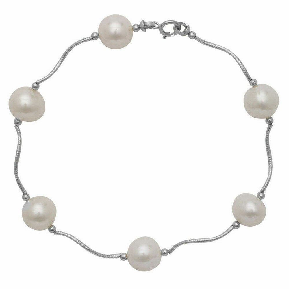 NEW 14K White Gold 7MM 7.5 Inch White Freshwater Pearl Beaded Bracelet