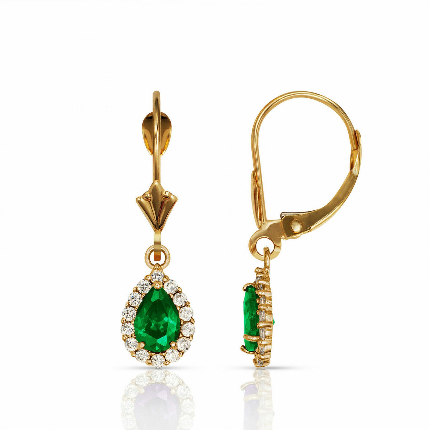 14K Yellow Gold 2.25 CTW Halo Emerald Pear Tear Drop Dangle Lever Back Earrings