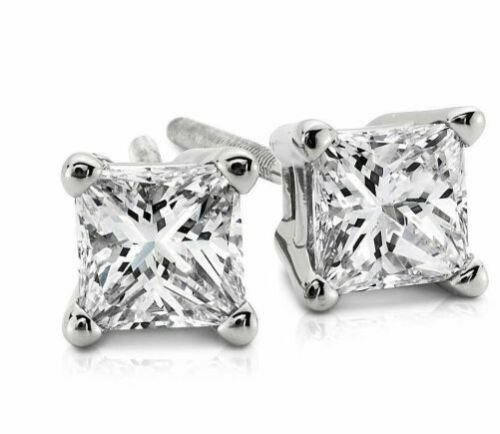 14K WhiteGold 0.75CT Princess Cut Genuine G/VS2 Diamonds SCREWBACK Stud Earrings