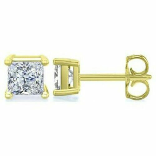 14K SOLID YELLOW GOLD 1.00 CT PRINCESS CUT MOISSANITE PUSH BACK STUD EARRINGS