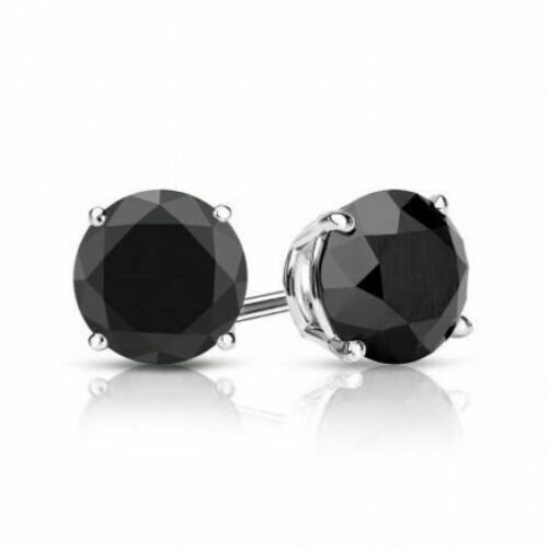 14K Solid White Gold 4 CARAT Black Round Brilliant Screw Back Stud Earrings