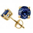 1CT Men/Women 14K Solid Yellow Gold Round Blue Sapphire Stud Screw Back Earrings