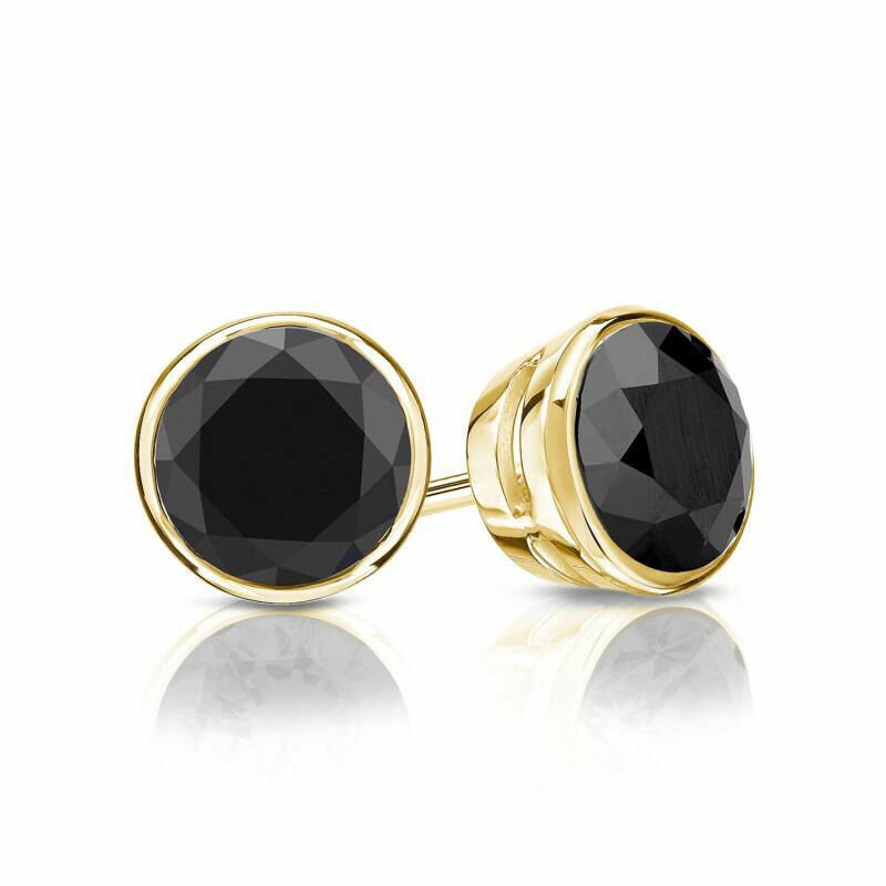 14K Yellow Gold 3.00 CT TDW Black Diamond Round Bezel Push Back Stud Earrings
