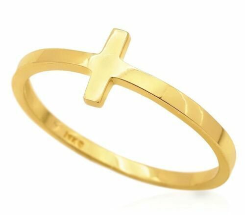 14K Solid Yellow Gold Size 5 To 8 Polished Sideways Cross Design Ring