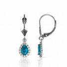 14K White Gold 2.25 CTW Halo Topaz Pear Tear Drop Dangle Lever Back Earrings