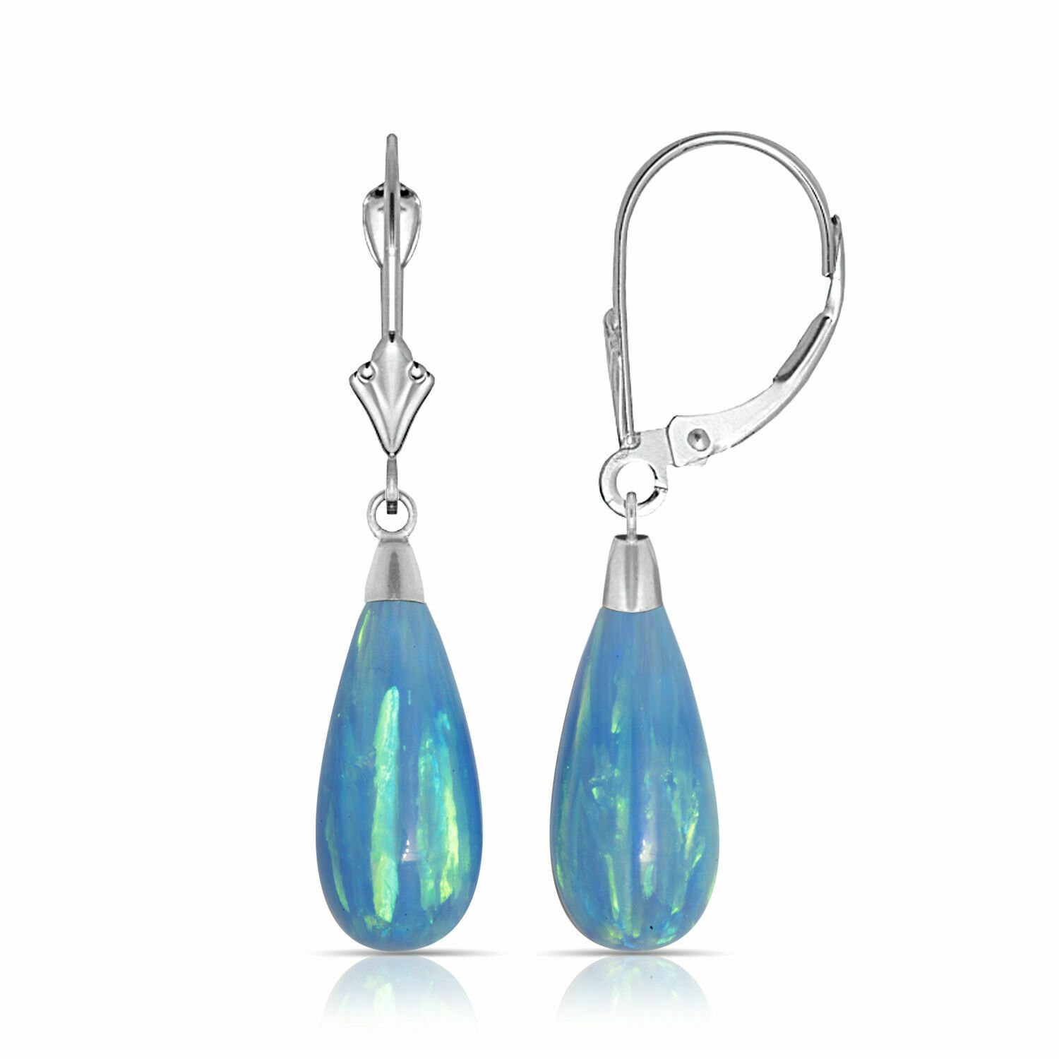 14K White Gold Tear Drop Shaped Light Blue Fire Opal Lever back Dangle Earrings