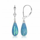 14K White Gold Tear Drop Shaped Light Blue Fire Opal Lever back Dangle Earrings