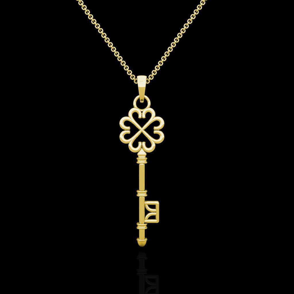 14K Solid Yellow Gold Charm 18"Key Pendant Cable Skeleton Design Chain Necklace
