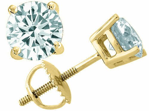 14K Yellow Gold Men/Women's 2.49CARAT Aquamarine Round Screw Back Stud Earrings