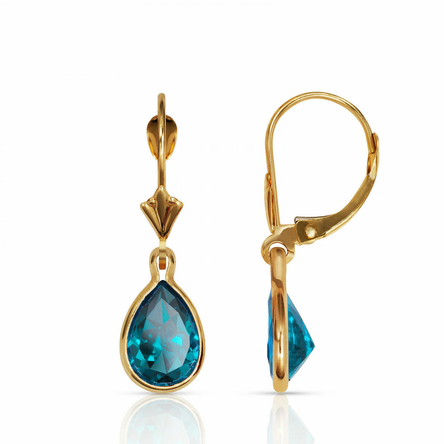 14K Yellow Gold 2.00CT Bezel Pear Shaped Blue Topaz Lever Back Dangle Earrings