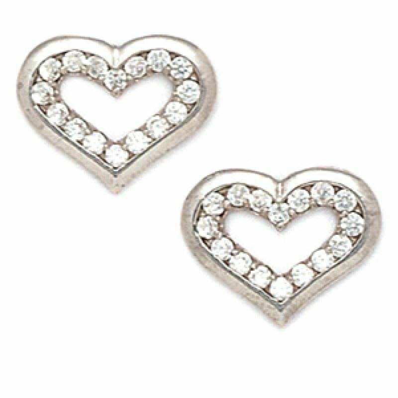 14K Solid W Gold 10MM Women/Children White Sapphire Heart Shape  Push Back Studs