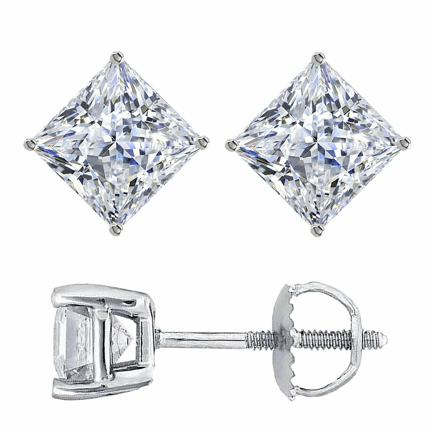 14K WG 2CT WOMENS STYLISH PRINCESS CUT SOLID SCREW BACK STUD EARRINGS