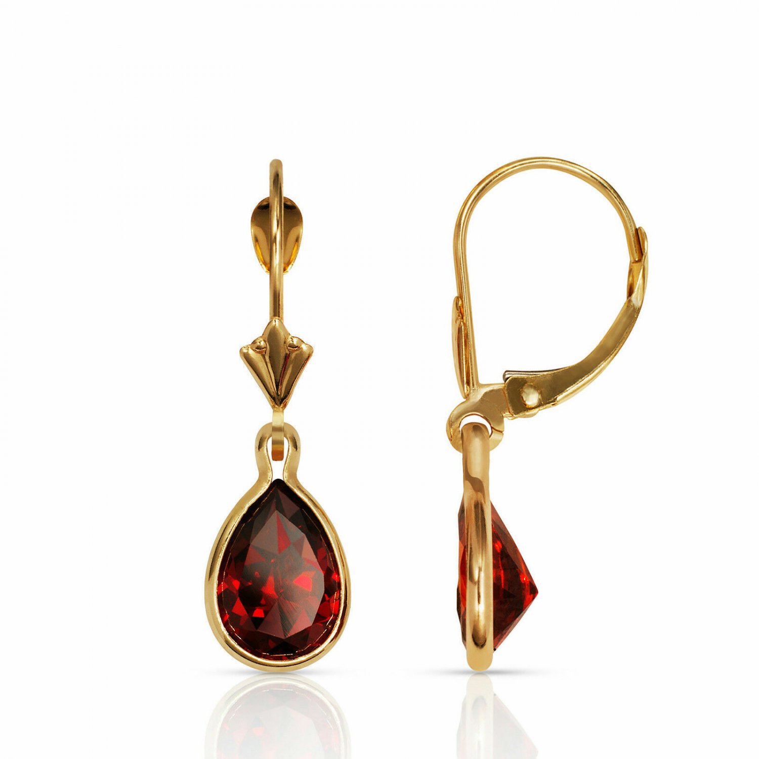 14K Yellow Gold 2.00 CT Bezel Set Pear Shaped Garnet Lever Back Dangle Earrings