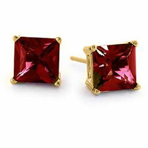 2.60 CT 6mm 14K SOLID YELLOW GOLD PRINCESS CUT RUBY STUD PUSH BACK EARRINGS