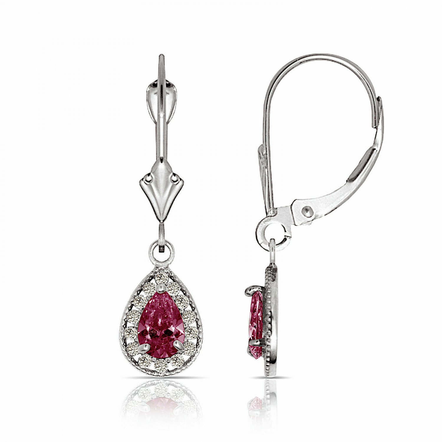 14K White Gold 1.65 CTW Halo Ruby Pear Tear Drop Dangle Lever Back Earrings
