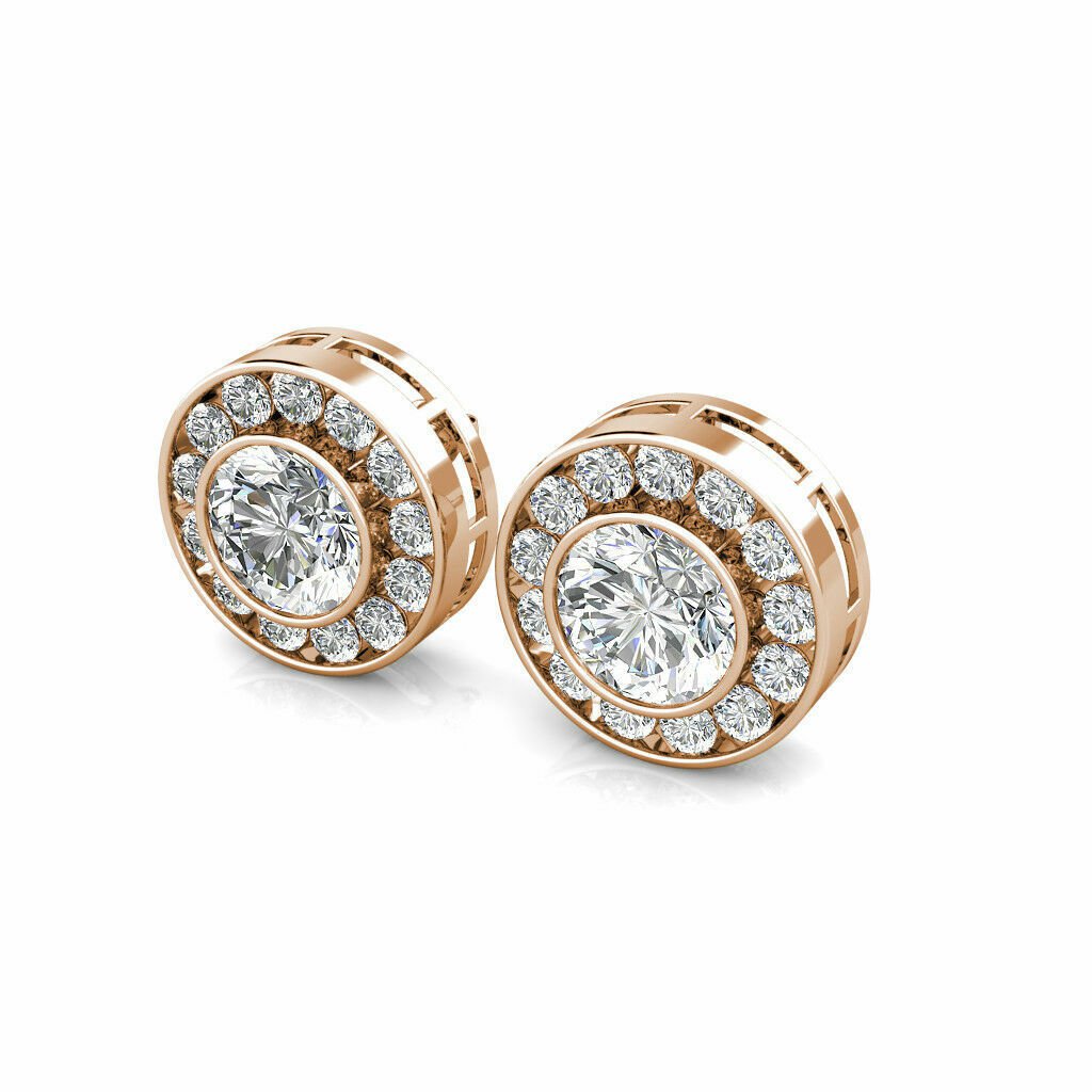 14K Rose Gold 1.5 CT Created Round Diamond Bezel Halo Cluster Stud Earrings