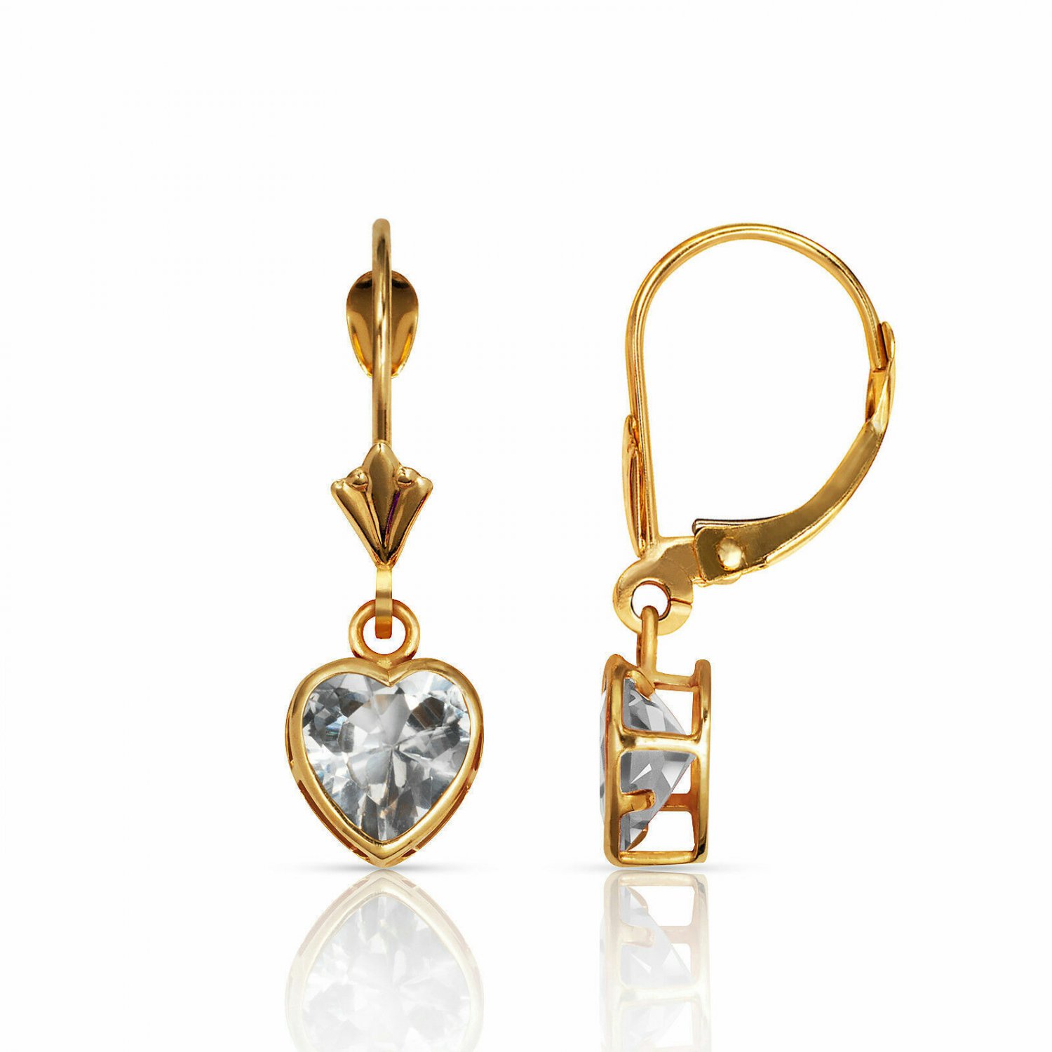 14K Yellow Gold 6MM Bezel Set Aquamarine Heart Lever Back Dangle Earrings