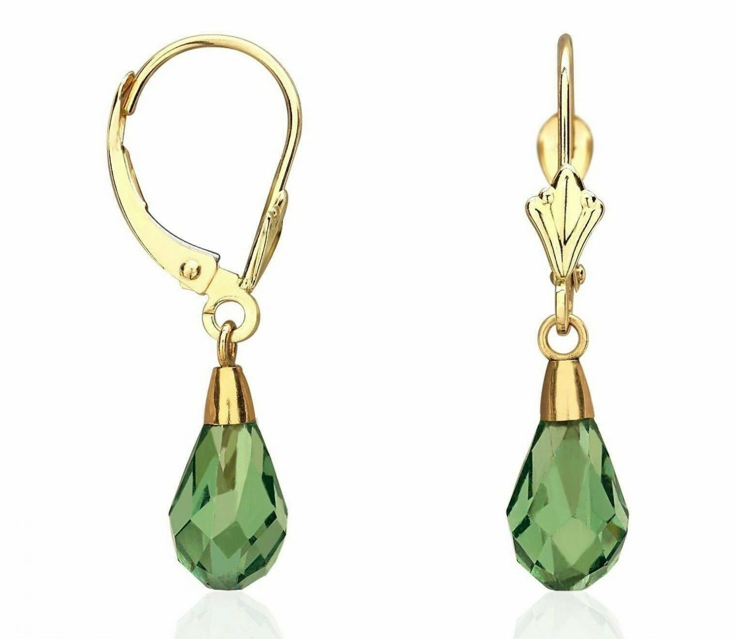 14K Yellow Gold Tear Drop Shaped Emerald Dangle Drop Lever Back Earrings
