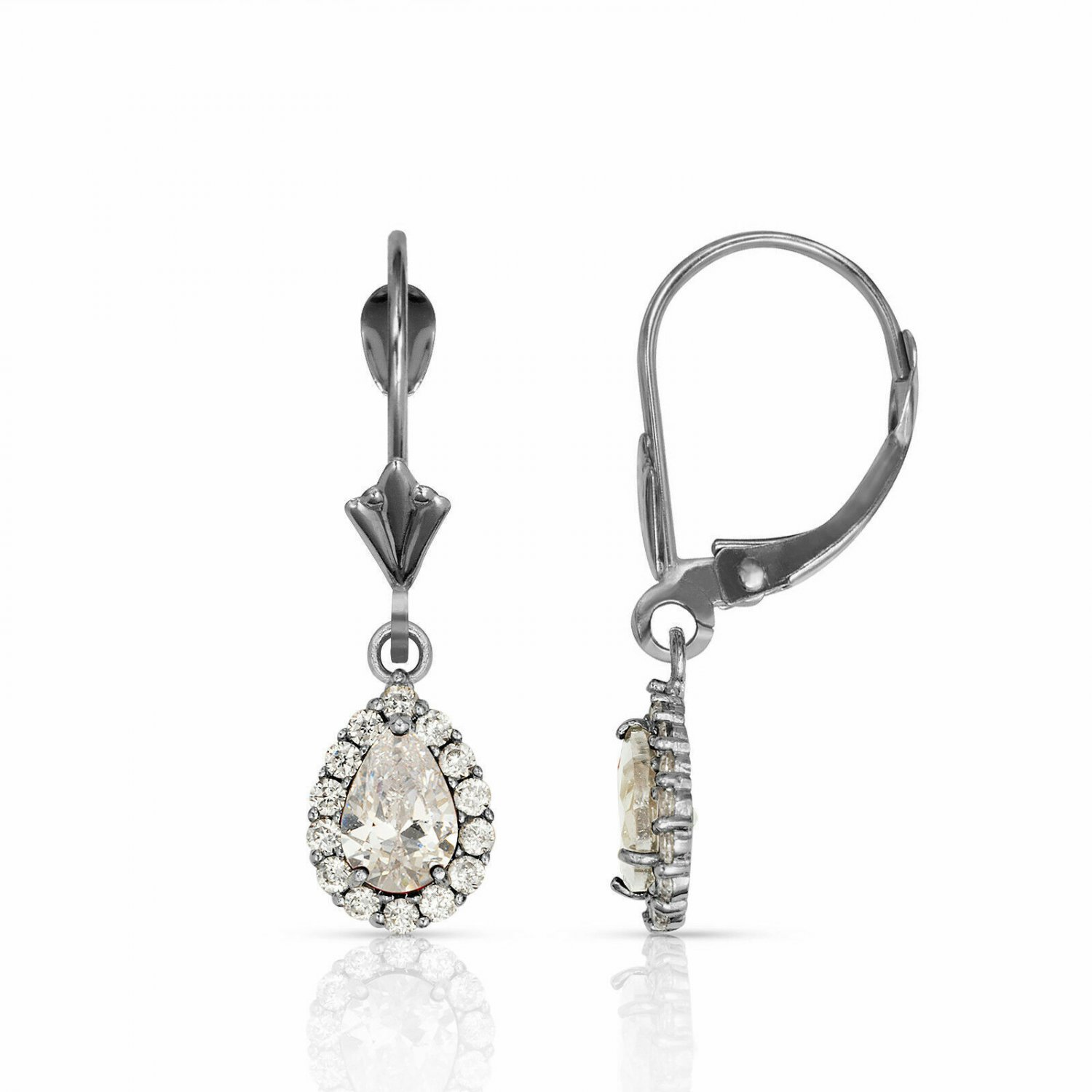 14K White Gold 2.25 CT Halo White Sapphire Tear Drop Dangle Lever Back Earrings
